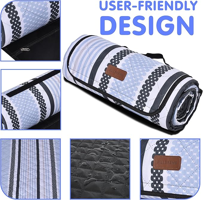 Oversized Waterproof Picnic Mat, Outdoor Beach Mat. Suitable for Camping, Outdoor, Beach, Party and Concert. (Dark Green & Light Blue, 80" * 60")