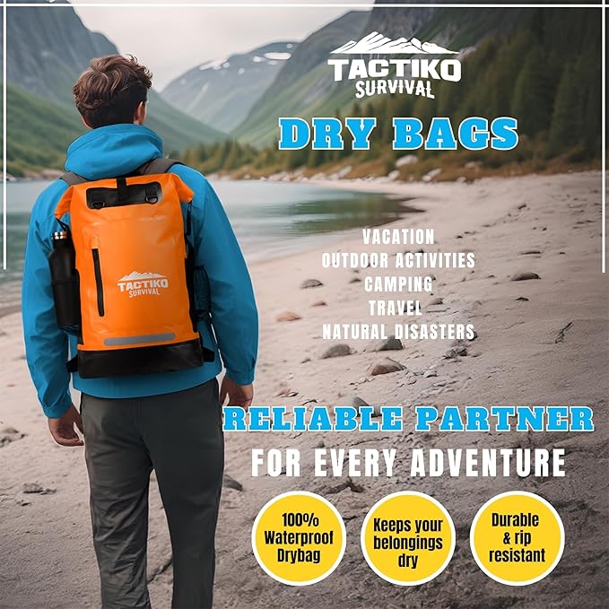 TACTIKO 30L Heavy-Duty 100% Waterproof Backpack, Roll Top Dry Bags for Kayaking, Hiking, Camping, Survival