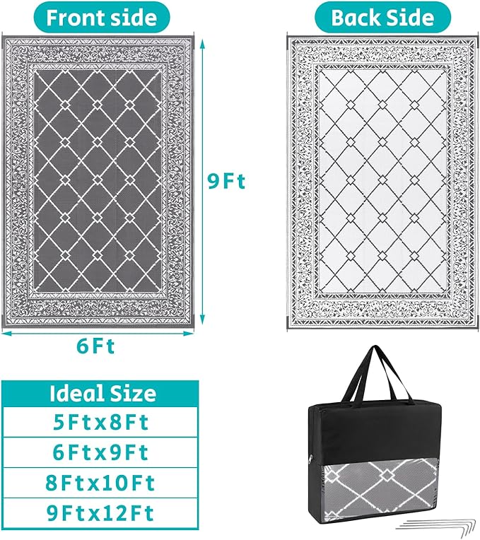 HEBE Outdoor Rug 6'x9' for Patios Waterproof Clearance Reversible Patio Mat Plastic Straw Rug RV Camping Mat Outside Area Rug Carpet for Camping RV,Porch,Deck,Balcony,Camper,Backyard