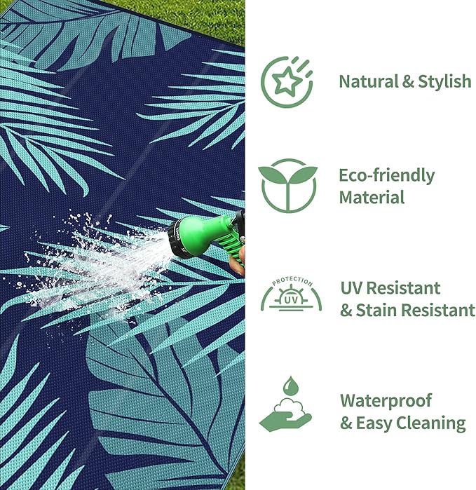 GENIMO Outdoor Rug 10' x 14' Waterproof for Patios Clearance, Reversible Outdoor Plastic Straw Camping Rug Carpet, Large Area Rugs Mats for RV, Camper, Deck, Balcony, Porch, Beach, Navyblue&Jadegreen