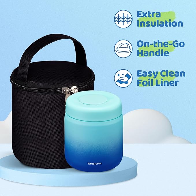 9oz Lunch Containers For Kids Adults - with Insulated Lunch Bag & BPA-Free Folding Spoon for School Office, Thermal Jar for Hot Food LeakProof, Wide Mouth Stainless-Steel Baby Food Jar Soup Container