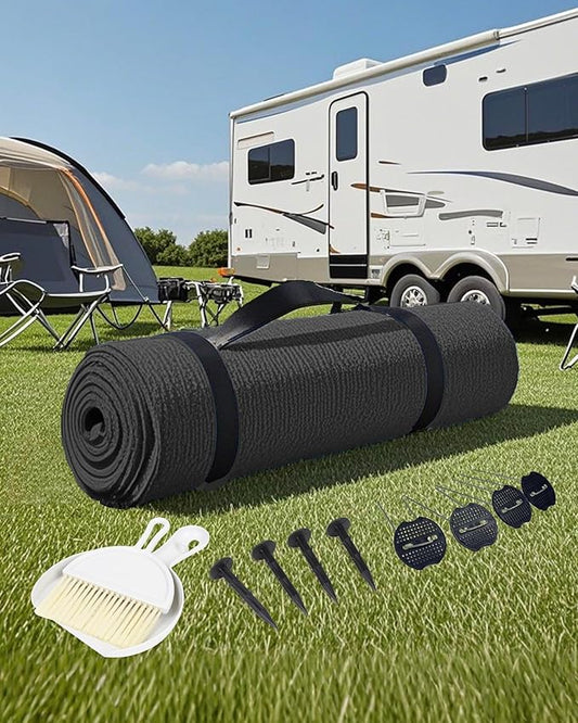 FoundGo Awning Carpet HDPE Camping Outdoor Rug with Eyelets,Nails,Broom,for RV,Patio,Backyard,Picnic,Beach,Trailer 9'*18' (2.74 * 5.49m) -Black