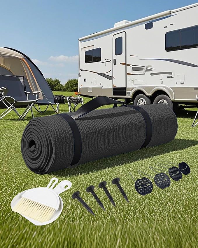 FoundGo Awning Carpet HDPE Camping Outdoor Rug with Eyelets,Nails,Broom,for RV,Patio,Backyard,Picnic,Beach,Trailer 9'*12' (2.74 * 3.66m) -Black
