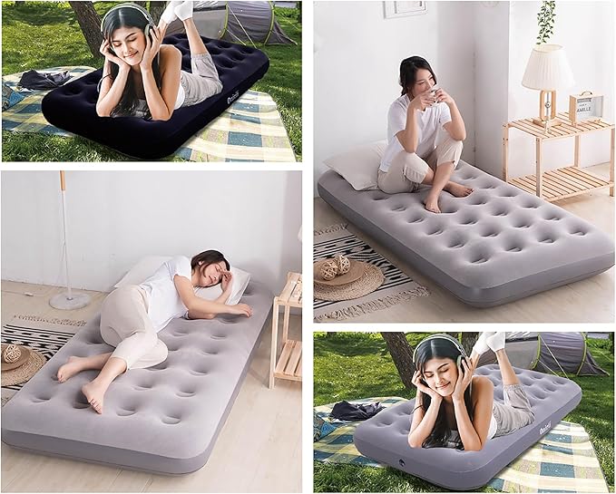 Twin Size Single Camping Air Mattress Bed with Air Pump,Inflatable Air Mattress,Thickened Portable Blow Up Bed,Travel Sleeping Pad for Truck Tent Camping/Home/Hiking(Grey)