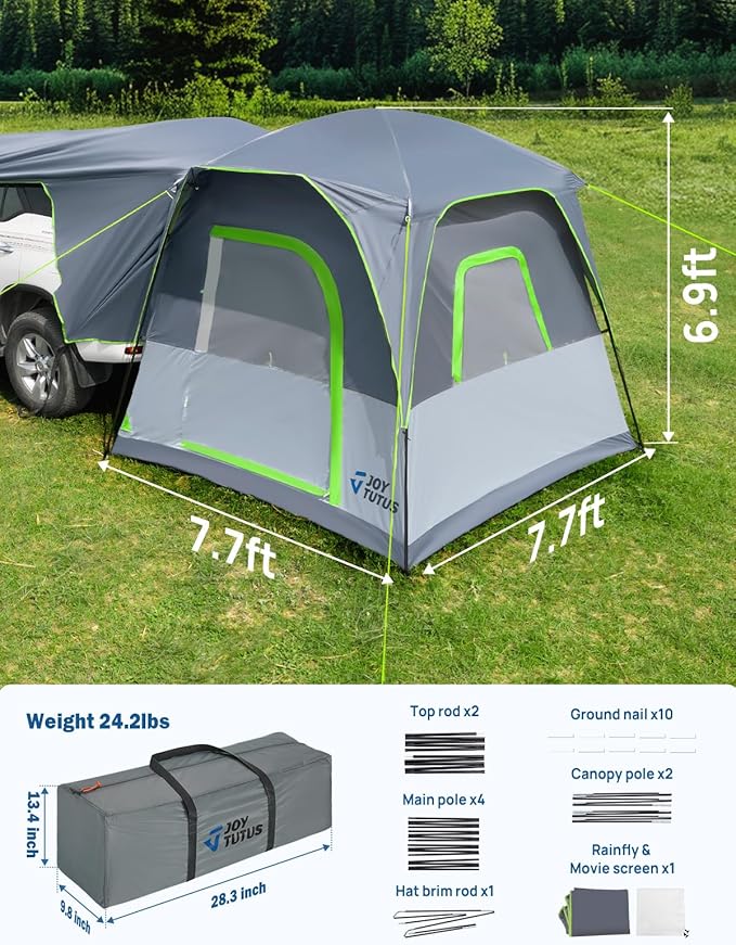 JOYTUTUS Dual-Use SUV Tent, SUV Camping Tent with Rainfly, Movie Screen and Four Steel Frame Poles, SUV Tailgate Tent with Awning Shade, Car Roof Canopy for SUV CUV Van