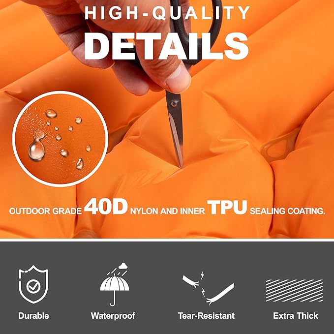 Sleeping Pad with Pillow, Self Inflating Extra-Thick, Ultralight Sleeping Mat, Built-in Pump, Ultimate for Camping, Hiking, Traveling, Airpad, Carry Bag, Compact & Lightweight Air Mattress (Orange)