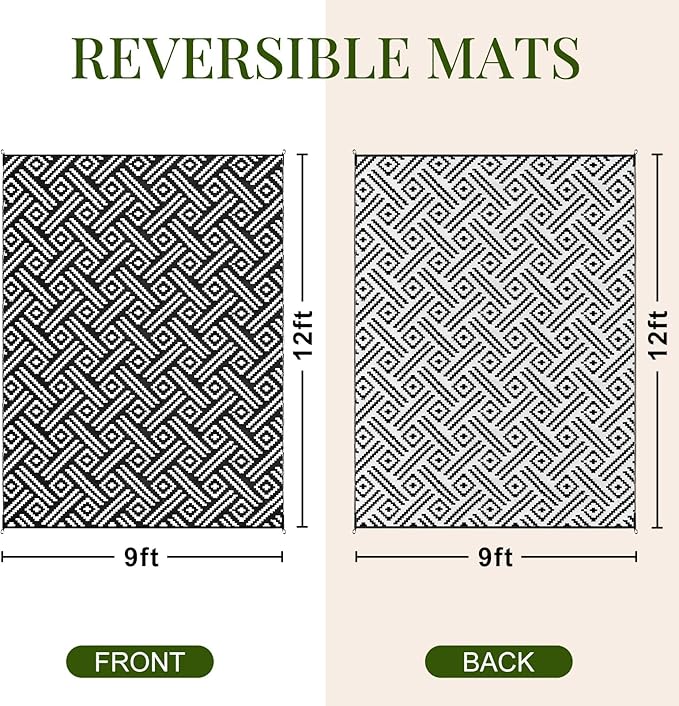 OPPODREAM Outdoor Rug 9x12 Patio Waterproof, Large Outdoor Plastic Straw Rug, Reversible Out Door Carpet for Camping, Deck, Rv, 9 x 12 Area Carpet for Balcony, Porch, Backyard, Black and White