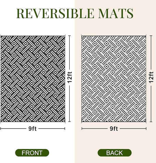 OPPODREAM Outdoor Rug 9x12 Patio Waterproof, Large Outdoor Plastic Straw Rug, Reversible Out Door Carpet for Camping, Deck, Rv, 9 x 12 Area Carpet for Balcony, Porch, Backyard, Black and White