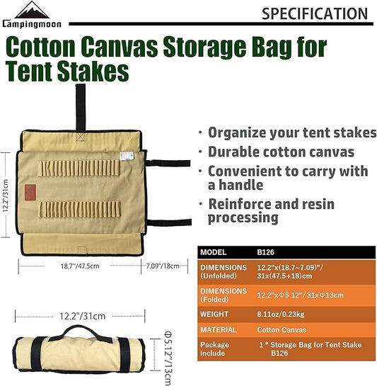 CAMPINGMOON Cotton Canvas Tent Stake Case Storage Bag Max 11.81’’/30cm in Length Beige Color B126