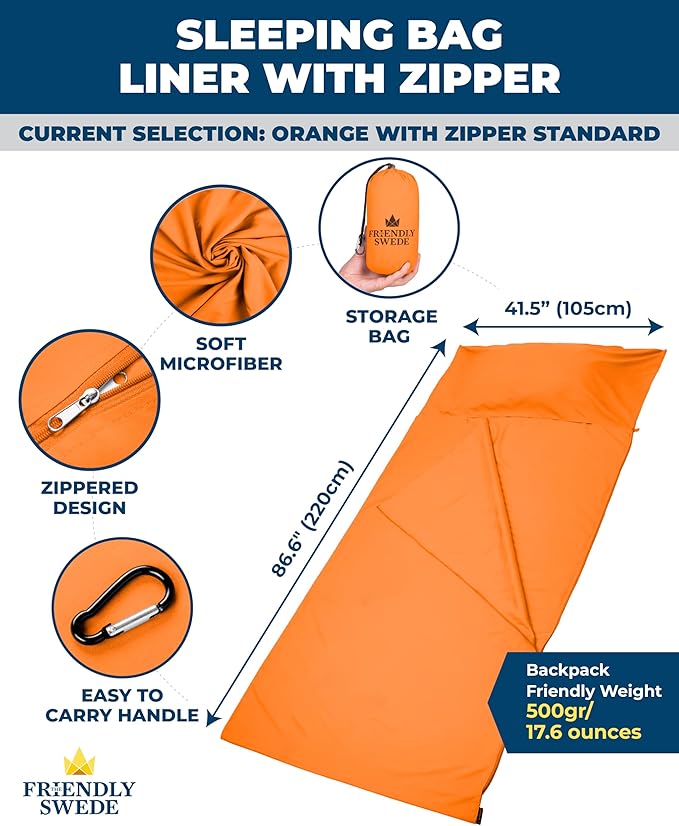 The Friendly Swede Sleeping Bag Liner — Ultralight Polyester or Cold Weather Microfiber Adult Sleep Sack; Thin Travel Sheets for Hotel; Camping Sheets; Travel Sleeping Bag with Pocket-Size Stuff Sack