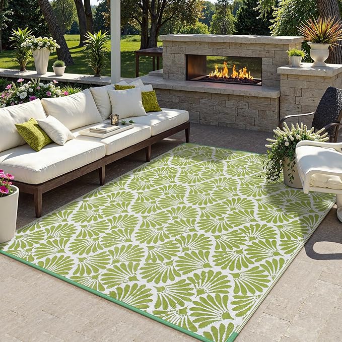 Lahome Outdoor Plastic Straw Camping Rugs, Waterproof 6x9 Outdoor Patio Rugs, Reversible Portable Outside Carpets for Beach Camping Picnic Rv, Pale Green,6'x9'