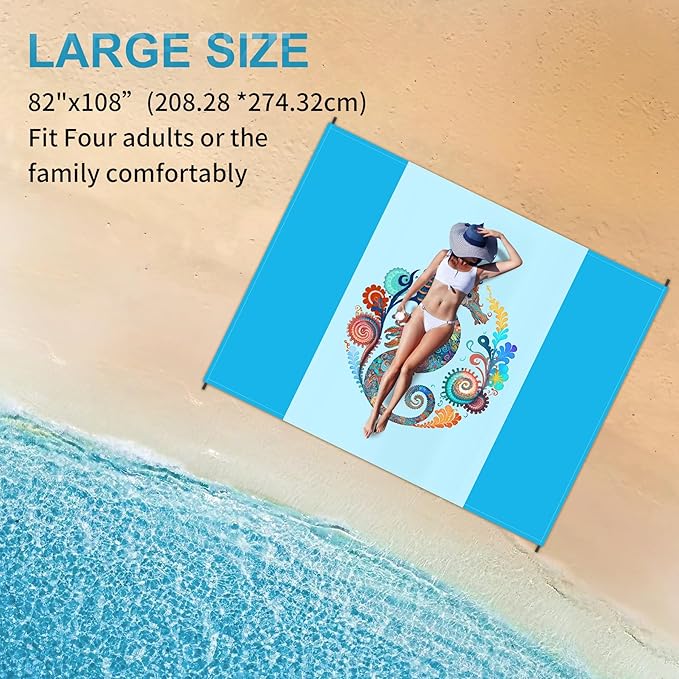 Large Beach Blanket Waterproof Sandproof 108"x 82" for 1-6 Adults,Quick Drying Beach Mat,Lightweight & Durable,Beach Essentials for Family Beach Camping Travel Picnic
