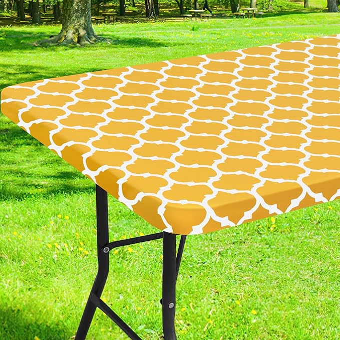 Smiry Rectangle Picnic Table Cover, Waterproof Elastic Fitted Camping Tablecloths for 6 Foot Tables, Wipeable Flannel Backed Vinyl Tablecloth Protector for Outdoor (Mustard Yellow, 30x72 Inches)