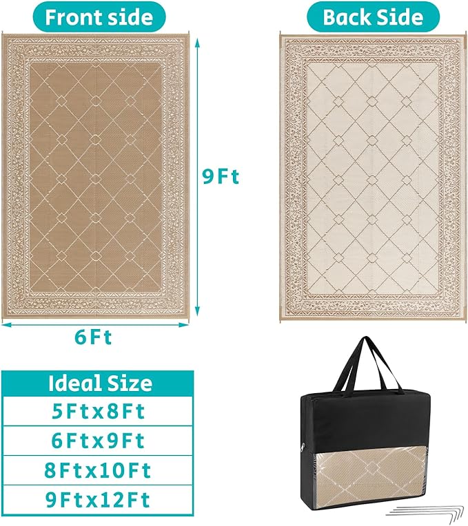 HEBE Outdoor Rug 6'x9' for Patios Waterproof Clearance Reversible Patio Mat Plastic Straw Rug RV Camping Mat Outside Area Rug Carpet for Camping RV,Porch,Deck,Balcony,Camper,Backyard