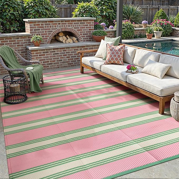 Lahome Striped Outdoor Rug 8x10 Patio Waterproof, Reversible Outdoor Plastic Straw Rug for Camping, RV Patio Rugs Outside Large Carpet for Porch Deck Backyard Picnic(Pink/Green,8'x 10')