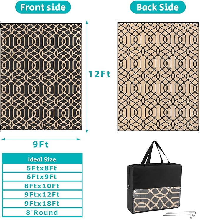 HEBE Outdoor Rug 9'x12' for Patios Waterproof Clearance Reversible Patio Mat Plastic Straw Rug RV Camping Mat Outside Area Rug Carpet for Camping RV,Porch,Deck,Balcony,Camper,Backyard
