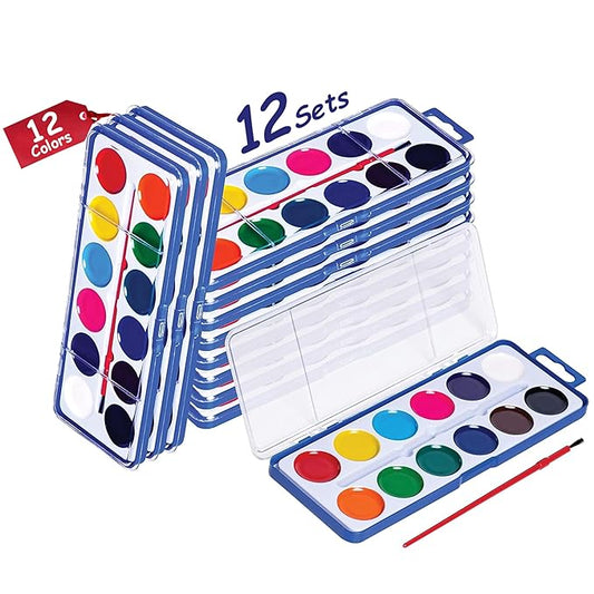 Pack of 12 Watercolor Paint Set for Kids - Washable Paint Sets with 12 Vibrant Colors - Suitable for Home, Classroom, and Art Parties - Includes Paintbrush for Creative Fun Activity on the Go