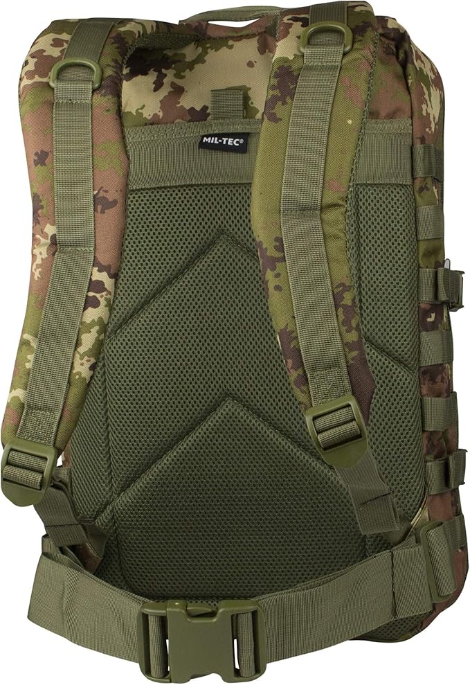 Mil-Tec Unisex Assault Pack - Rugged Durable Lightweight Ergonomic Versatile Tactical Outdoor Camping Hiking Backpack with Adjustable Padded Shoulder Straps & MOLLE Loops, Vegetato Woodland Camo, 20L