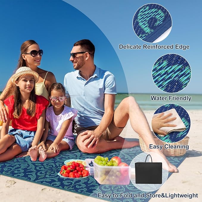 Lahome Navy Blue Outdoor Patio Rug Waterproof 6x9, Plastic Straw Rug Reversible Indoor Outdoor Carpet Floor Decor,Large Portable Outside Camping Mats for Balcony Deck Tent, Deep Blue 6x9