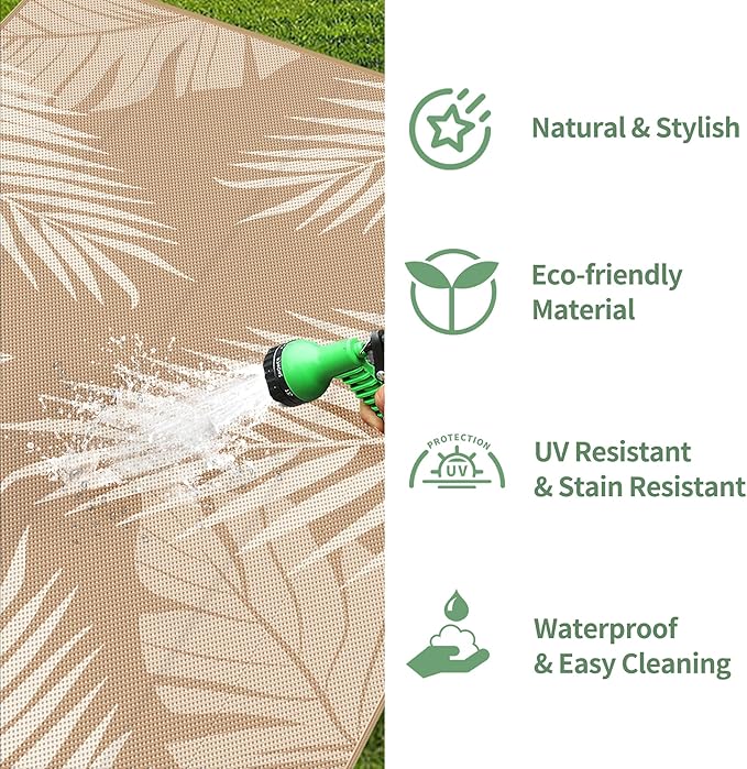 GENIMO Outdoor Rug 10' x 14' Waterproof for Patios Clearance, Reversible Outdoor Plastic Straw Camping Rug Carpet, Large Area Rugs Mats for RV, Camper, Deck, Balcony, Porch, Beach, Brown&Beige