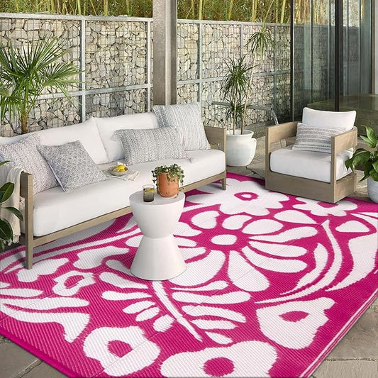 Wonnitar Outdoor Rugs 8x10,Plastic Outdoor Waterproof Patio Rugs Clearance,Reversible Large Outside RV Camping Mat,Portable Abstract Plant Lightweight Carpet for Backyard Deck Park (Pink, 8'x10')