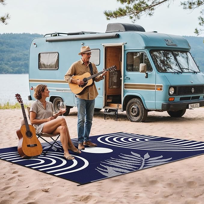 GENIMO Outdoor Rug 5' x 8' Waterproof for Patio Clearance, Reversible Plastic Straw Camping Carpet, Lightweight Rugs Mats for Rv, Backyard, Deck, Porch, Picnic, Balcony, Mix-Blue & White