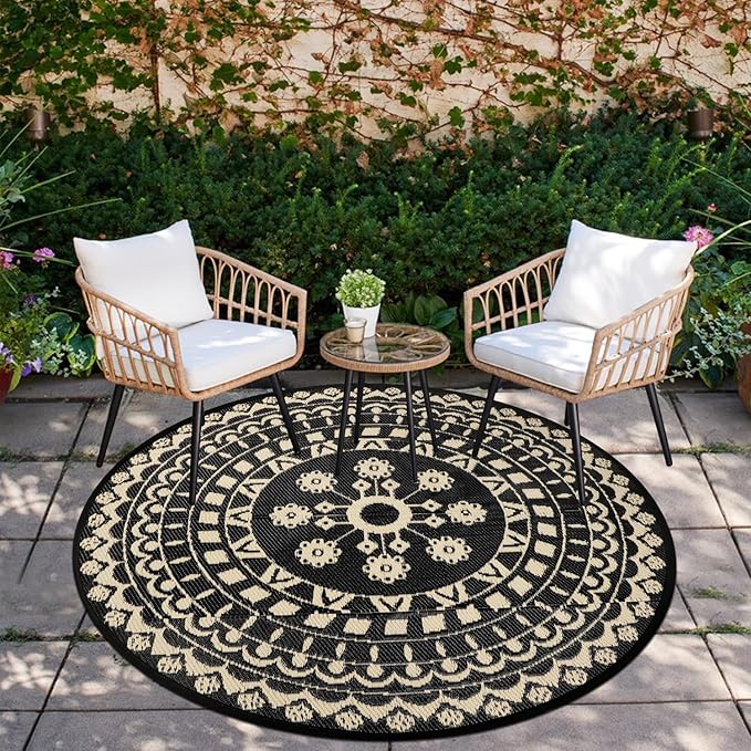 Capslpad 5Ft Round Outdoor Rug for Patio Reversible Mat Waterproof Plastic Straw Rug Boho Circle Indoor Outside Area Rug for RV Camping Picnic Pool Tent Balcony Beach Deck Doormats Decor, Beige