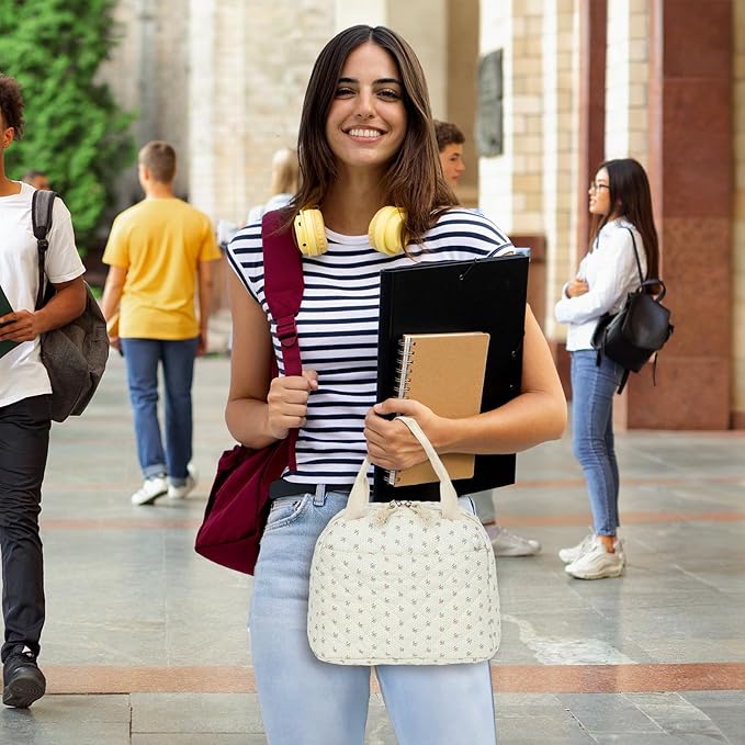 Insulated Lunch Bag, Quilted Beige Floral Design, Thermal Cooler Tote, Portable Large Capacity for Work, School, or Picnic, 8.5L