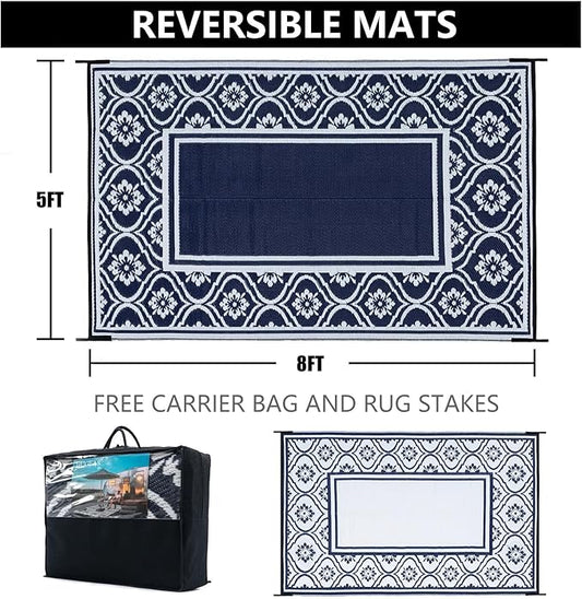 Outdoor Patio Rug 5'x8' Waterproof Outside Area Rugs Blue Reversible Plastic Straw Carpet for RV Deck Camping Entryance Porch Picnic Balcony Beach
