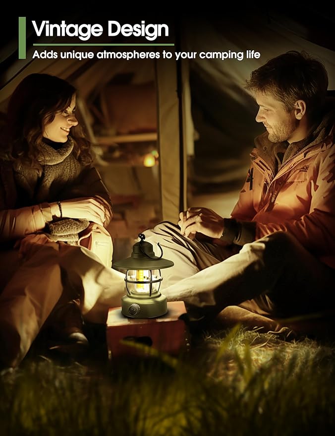 Camping Lantern Rechargeable Battery Powered 【2 Pack】, Camping Gear Must Haves, Camping Accessories, Retro Camping Light Waterproof Hanging LED Tent Lamp for Outdoor Hiking Fishing (Dark Green)
