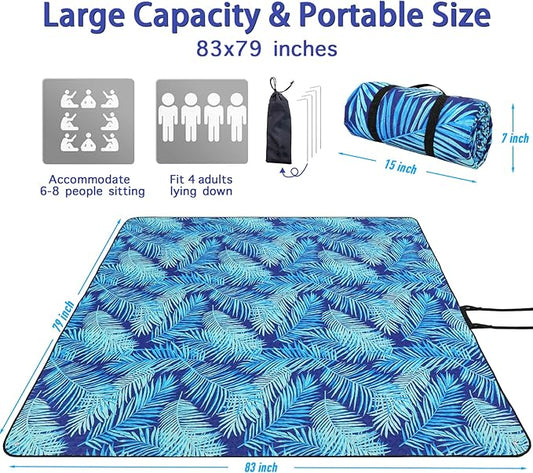 PY SUPER MODE Picnic Blankets Extra Large, Waterproof Foldable Outdoor Beach Blanket Oversized 83x79” Sandproof, 3-Layer Picnic Mat for Camping, Hiking, Travel, Park, Concerts(Blue Leaves)
