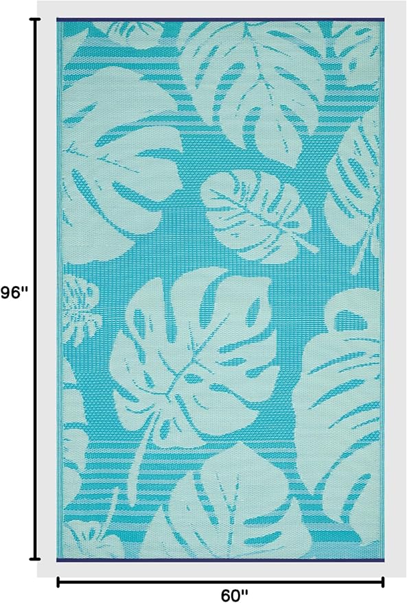 FH Home Outdoor Rug - Waterproof, Fade Resistant, Reversible - Premium Recycled Plastic - Tropical, Botanical - Patio, Deck, Porch, Balcony - Hana Leaves - Blue Crease Free - 5 x 8 ft