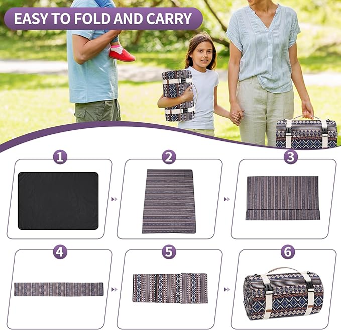 G GOOD GAIN Picnic Blankets Outdoor - Waterproof Outdoor Rug with Shoulder Carry Strap | Machine Washable Picnic Mat with Sandproof Backing for RV, Balcony, Camping, Hiking, Concerts (Blue, 9' x 6')