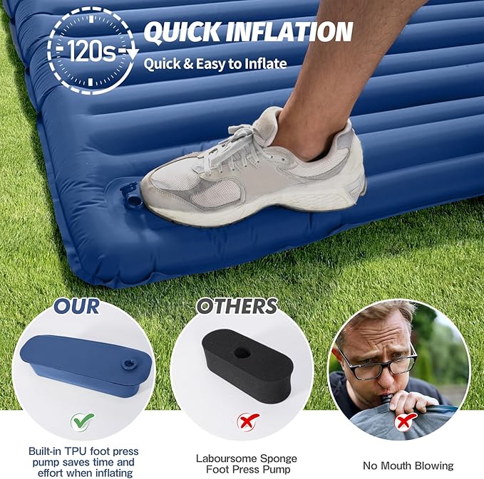 LAMA Double Sleeping Pad for Camping, 2 Persons Self Inflating Camping Mattress for Sleeping, Ultra-Thick 4" Sleeping Mat with Pillow Built-in Pump, Ultralight Camping Mat for Backpacking, Hiking, BL