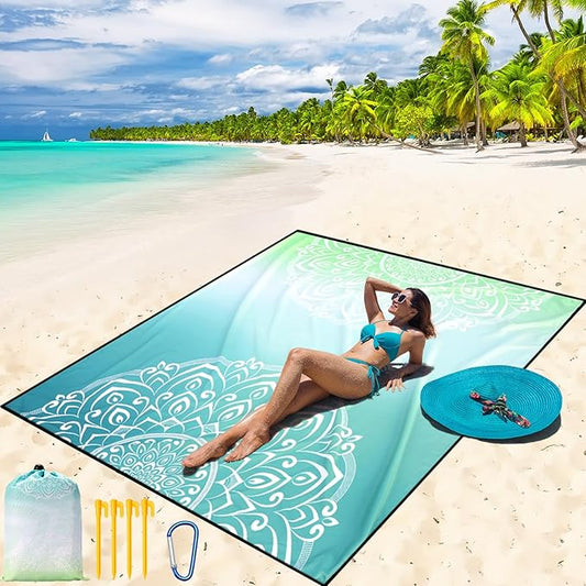 Beach Blanket Waterproof Sandproof Beach Mat 79" X 83" /10'x9'for 2-8 Adults Quick Drying Outdoor Picnic Mat Beach Accessories for Travel, Camping, Hiking