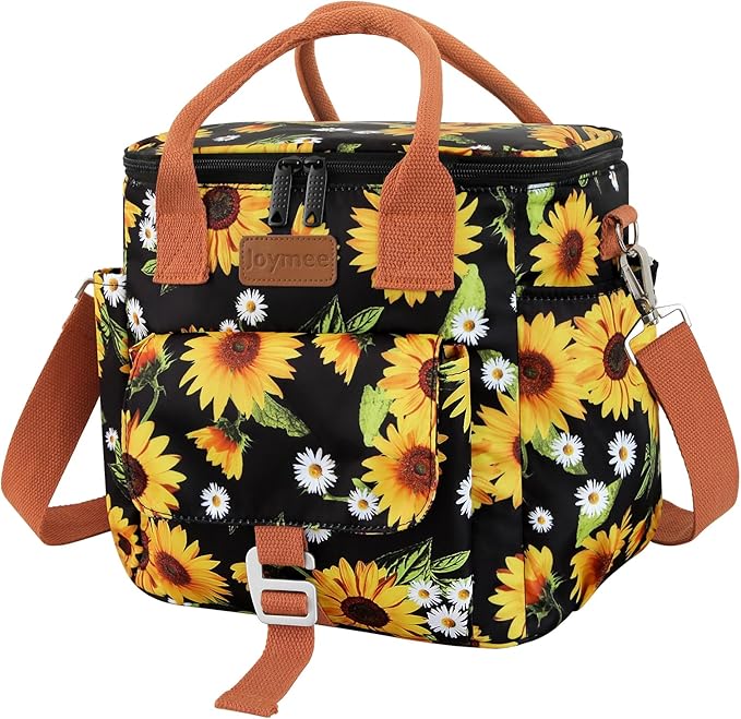 Joymee Insulated Lunch Bag for Women/Men, Waterproof Lunch Box for Office Work Picnic Beach, Reusable Large Leakproof Cooler Tote Bag with Adjustable Shoulder Strap & Side Pocket, Sunflower