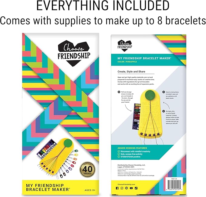 Choose Friendship, My Friendship Bracelet Maker®, 20 Pre-cut Threads - Makes Up to 8 Bracelets (Craft Kit, Kids Jewelry Kit, Gifts for Girls 8-12)