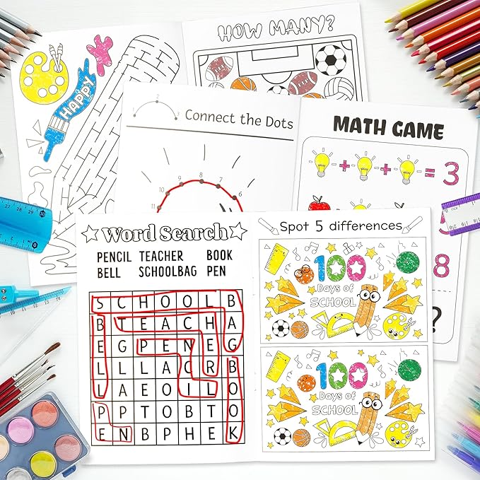 100th Day of School Activity Books for Kids - 24Pcs Happy 100 Days Mini Games Coloring Book Set Bulk Mazes Word Search Word Scramble Games for School Classroom Reward DIY Art Gifts Party Favors