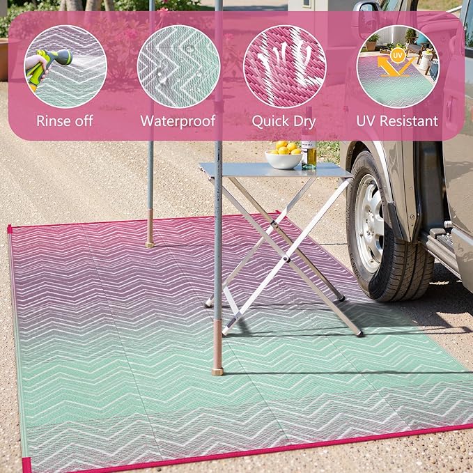 Lahome Outdoor Plastic Straw Rug, Reversible Outdoor Rug Waterproof 6x9 Patio Rugs, Camping Rugs for RV Backyard Deck Porch Picnic Beach Trailer (Pink/Green, 6' x 9')