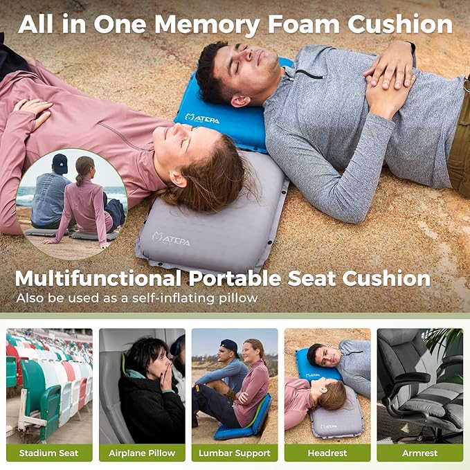 ATEPA Inflatable Stadium Seat Cushion, Self-Inflating Memory Foam Stadium Seats Camping Accessories Chair Pad for Outdoor Airplane Travel Bleacher Patio Backpacking