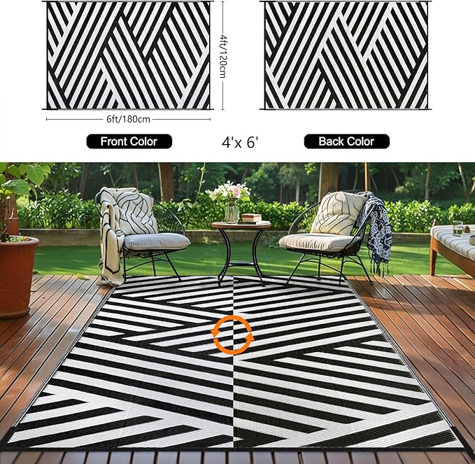 Outdoor Patio Plastic Straw Rug - 4'x6' Outdoor Camping Rug Waterproof Reversible, Area Carpet Patios Clearance RV, Outside Porch Balcony Deck for Camper, White & Black