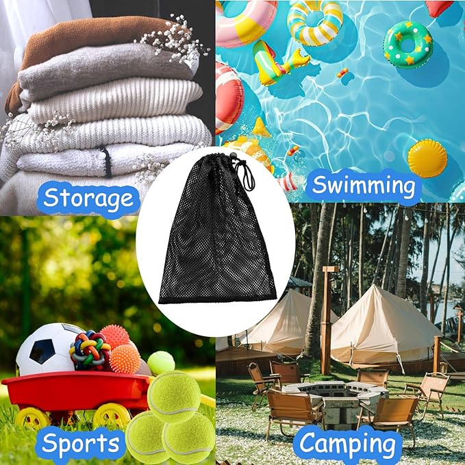 6 PCS Mesh Drawstring Bag 12" x 15.7", Durable Sports Equipment Net Bag Multipurpose Mesh Storage Bags for Tennis Ball, Golf Ball, Swimming, Camping and Travel, Black