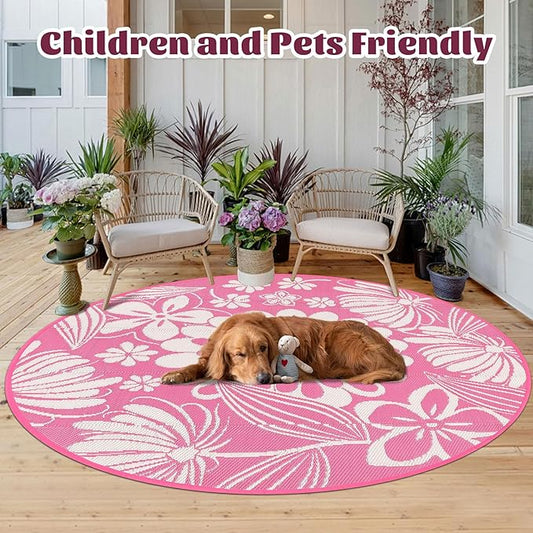 Ileading Round Outdoor Plastic Straw Rug 6ft Funny Floral Style Reversible Patio Area Rugs Waterproof Non Shedding Portable Carpets for Rv Outside Deck Pool Beach Picnic Camping (Pink)
