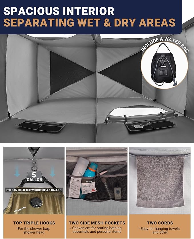 KingCamp Camping Shower Tent, Portable Outdoor Privacy Toilet & Changing Tent Windproof & Waterproof Easy Setup 1 or 2 Room Shelter with Shower Bag for Camping Hiking Beach