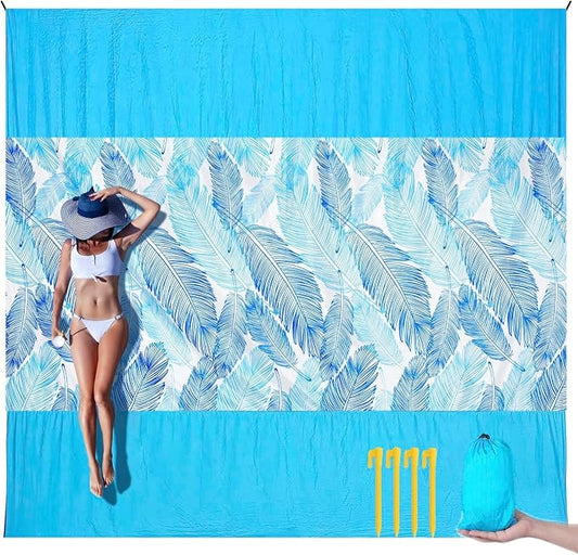 LH Beach Blanket Sandproof, 107"*90" Extra Large Waterproof Beach Mat for 2-8 Adults, Picnic Blankets for Camping, Beach Essentials Big & Compact Quick Drying, Lightweight & Durable with 4 Stakes