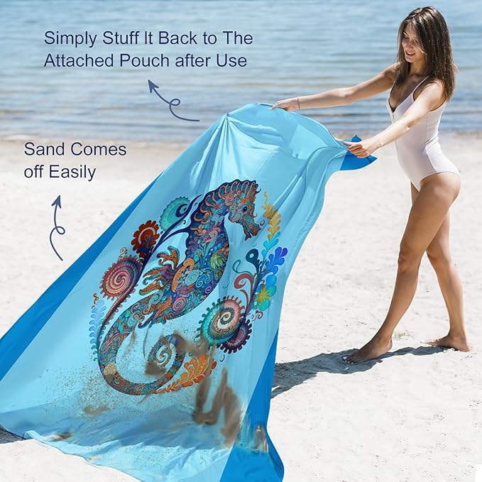 Large Beach Blanket Waterproof Sandproof 79"x 83" for 1-4 Adults,Quick Drying Beach Mat,Lightweight & Durable,Beach Essentials for Family Beach Camping Travel Picnic (Sea Horse)