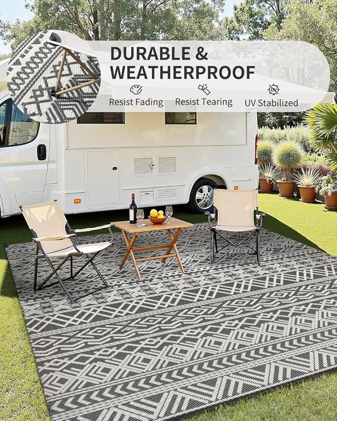 MontVoo Outdoor Rug Carpet Waterproof 5x8 Outdoor Patio Rug Mat Reverisble Plastic Straw Outdoor Rug for RV Camping Picnic Beach Balcony Boho Grey