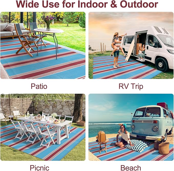 Lahome Striped Outdoor Rug Waterproof, 6x9 Reversible Outdoor Plastic Straw Rug for Camping, RV Patio Rugs Large Carpet for Porch Deck Backyard Balcony Picnic(Blue/Red,6'x 9')