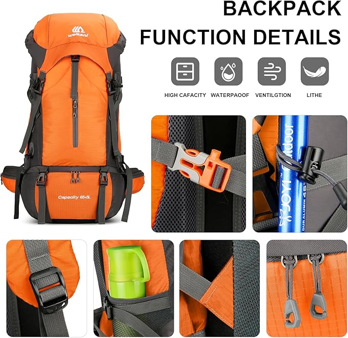 ShowyLive 70L Hiking Backpack - Lightweight Waterproof Travel Backpack for Men & Women, Large Camping Bag with Rain Cover & Adjustable Straps (Orange)