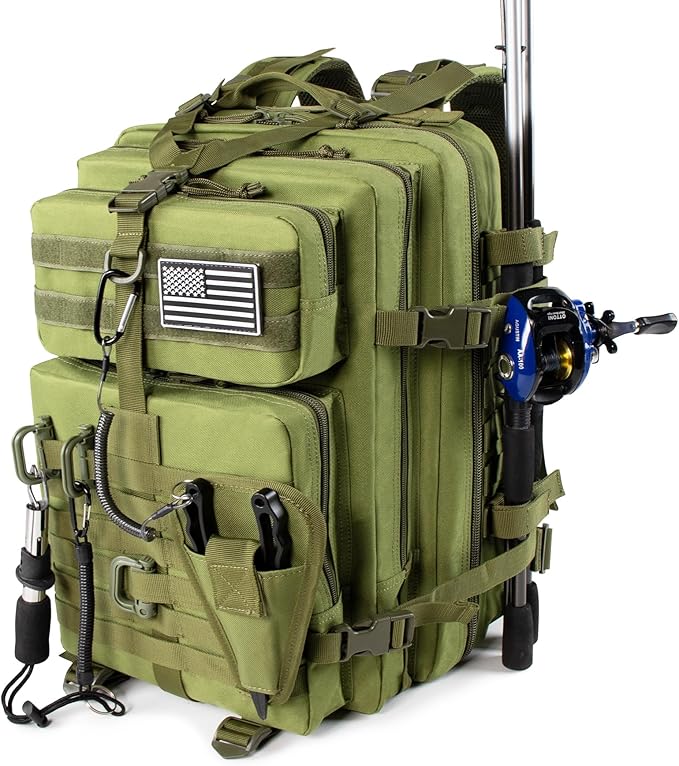 45l Large Fishing Tackle Backpack with Removable Plier Holder & Rod Holders, Green Tactical Bag, Fishing Gear and Tackle Box Organizer, Hiking Rucksack without Tackle Box